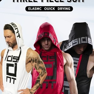 Cross-border Hot Sale Men's Sports Gym Printed Hooded Vest Quick-drying High-elastic Moisture-wicking Sleeveless Vest