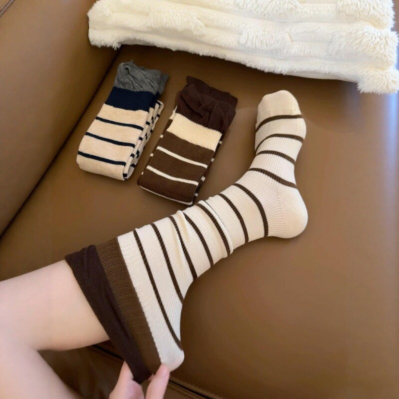 咖色小腿袜秋冬季撞色条纹拼接复古设计感中筒堆堆袜棉女时髦潮流|undefined