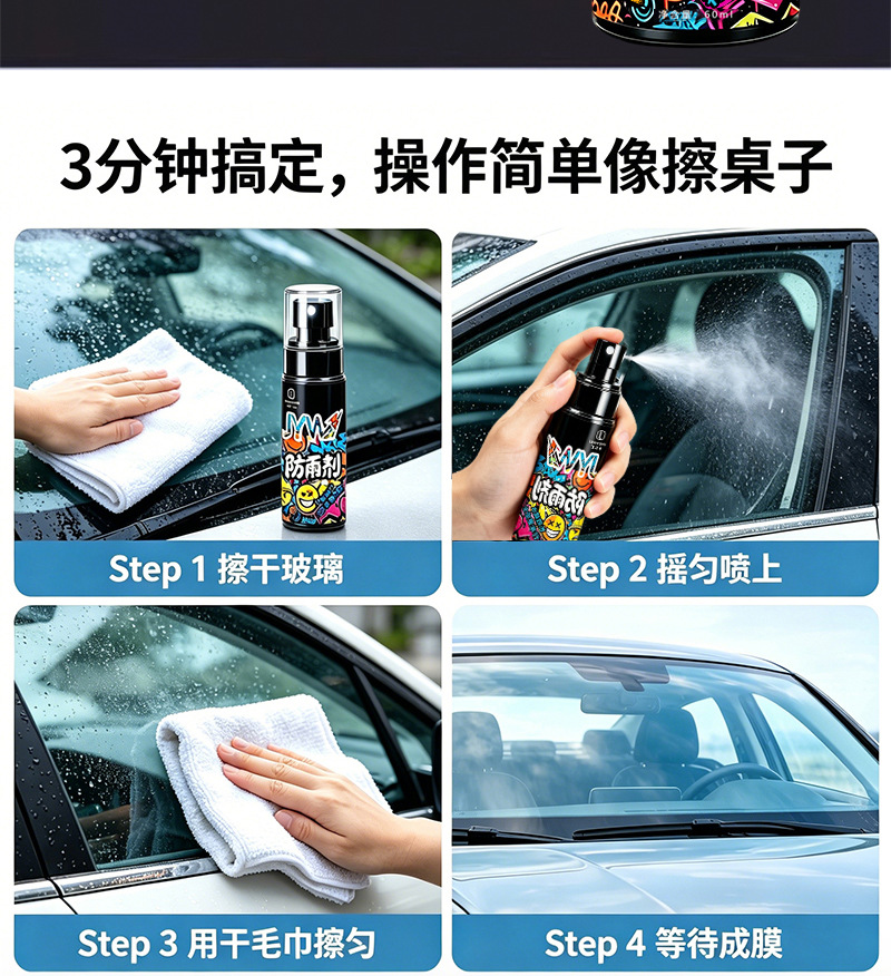 Car accessories: rain and fog repellent, car glass water repellent, car rearview mirror defogger and rain remover, glass cleaner