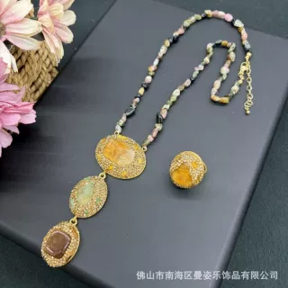 古雅端庄天然水晶石项链戒指两件套欧美自然朴素饰品套装热销批发