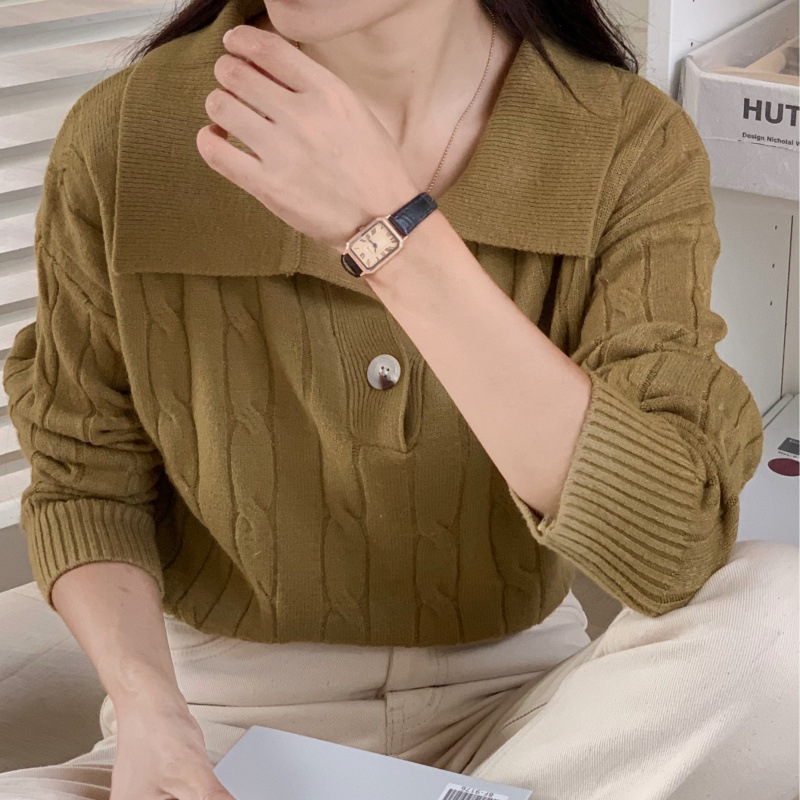 Nuevo suéter de viento perezoso con solapa coreana suelta estilo extranjero torcido chaqueta de moda camiseta de punto de mujer image 3
