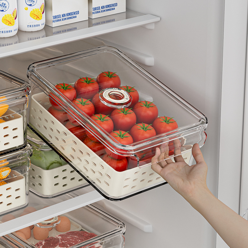 Caja de almacenamiento de refrigerador de cocina plástico rectangular drenaje caja de preservación de frutas y verduras caja de preservación de alimentos sellado de doble capa