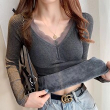 发热保暖上衣女秋冬季带胸垫加绒加厚长袖V领蕾丝边打底衫内衣服