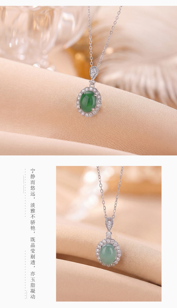 Dây chuyền bạc S925 mặt ngọc bích hình bầu dục phong cách thanh lịch — Màu xanh ngọc bích chi tiết 5