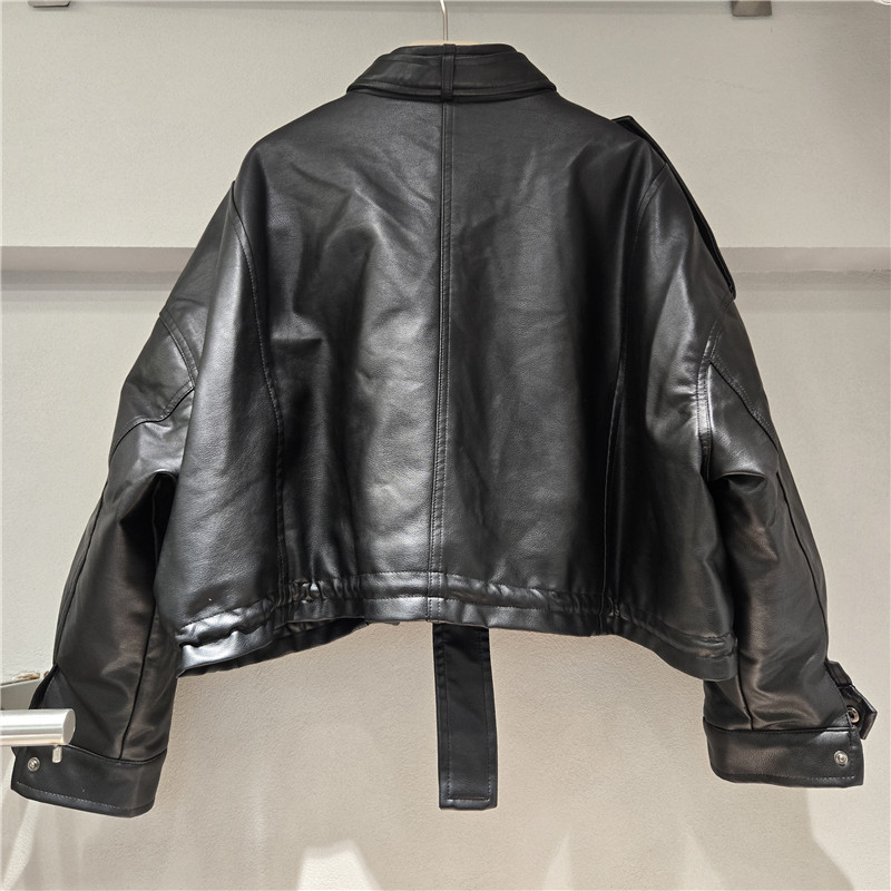 Vintage estilo americano de alta sensación abrigo de cuero otoño invierno suave pegajoso corto pu abrigo de motocicleta chaqueta de algodón top image 2