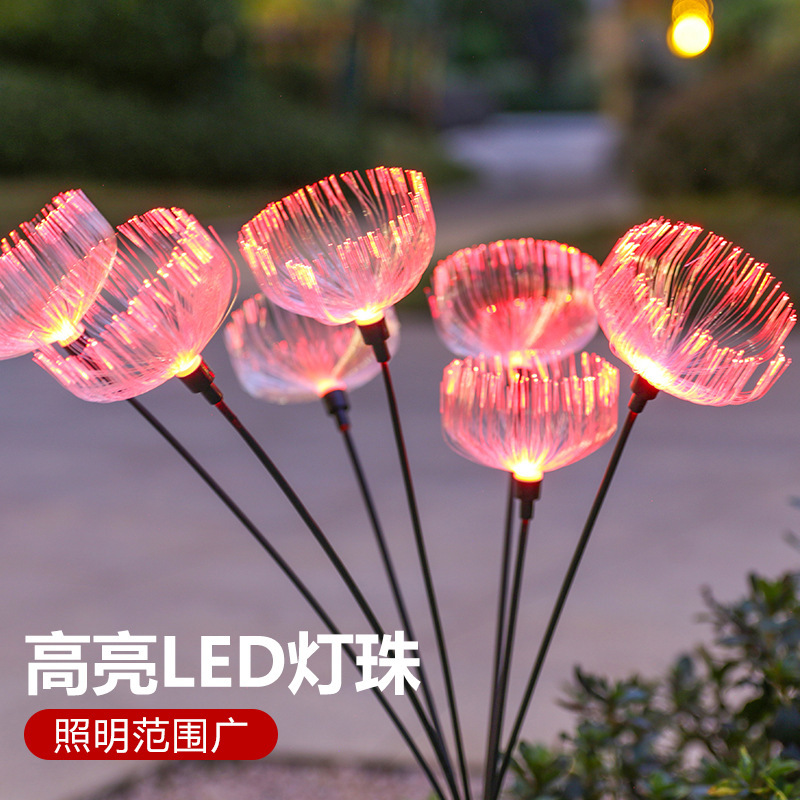 Lámpara de medusas de fibra óptica solar al aire libre impermeable jardín led paisaje lámpara de tierra de césped RGB gradiente decorativo luces de colores