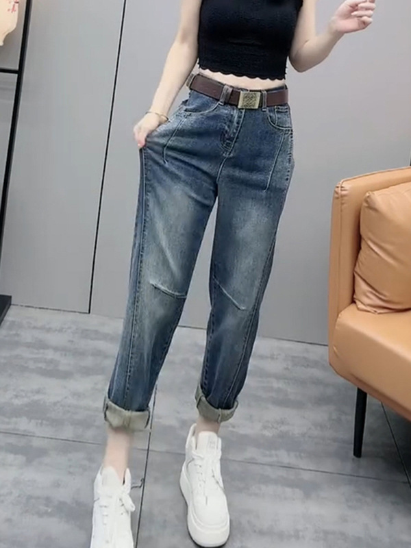 大码女装复古直筒九分牛仔裤女2025春季新款流行百搭显瘦哈伦裤子|undefined
