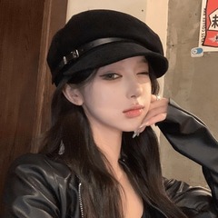 秋冬新款皮带平顶帽女日系复古英伦风时尚报童帽鸭舌八角贝雷帽潮