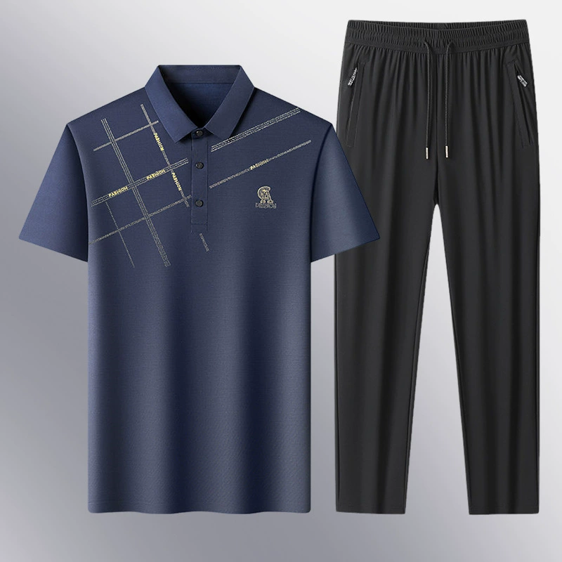 Летний популярный костюм из ледяного шелка с лацканами, короткими рукавами, для мужчин среднего и старшего возраста, деловой повседневный поло, двухкомпонентный костюм для папы