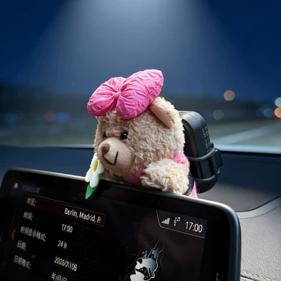 interior decoration, dashboard ornament, Sürətlər qutusu və əl tormozu başlıqları - rose-bow-tie-pink-buttoned-shirt-white-coat-white-bear-lying-screen-etc-bracket