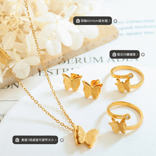 Beautiful and versatile Internet celebrity same style smart frosted butterfly pendant necklace earrings ring jewelry set manufacturer wholesale