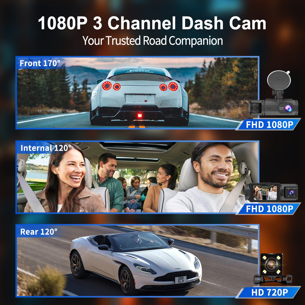 Cross-Border Hot-Selling Model: 3-Camera Simultaneous Display Dashcam with High-Definition Wifi and Mobile Phone Connectivity, Parking Monitoring Recorder