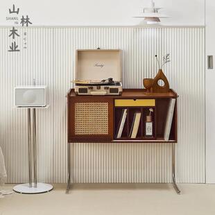 Nordic Magazine Cabinet Solid Wood Bookcase Record Storage Rattan Cabinet Simple Living Room Side Cabinet Sofa Small Side Table