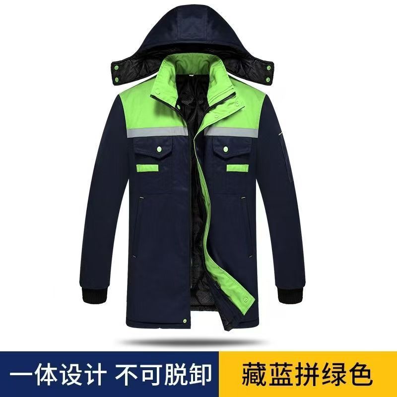 冬用綿作業服、ベルベットと綿、屋外建設現場作業場、防寒暖かい作業服、フード付き耐摩耗性労働保護服|undefined