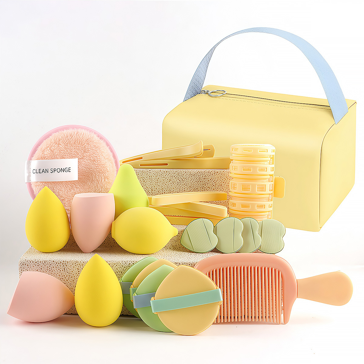 24 herramientas de belleza lindas amarillas con bolsas, rizos de hojaldre, maquillaje antes y después del maquillaje, combinación esencial para el cabello transfronterizo