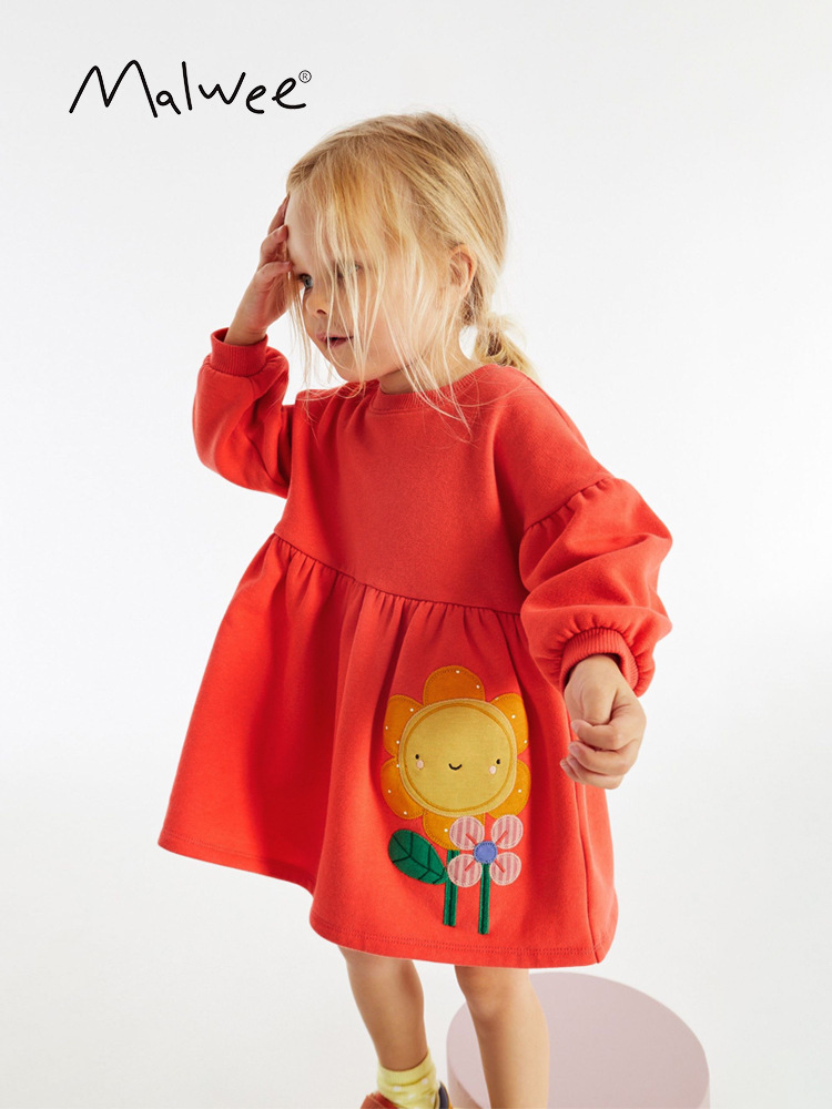 En stock malwee niñas falda otoño nuevo europeo y americano de los niños ropa estilo occidental rojo cuello redondo manga larga que basa vestido