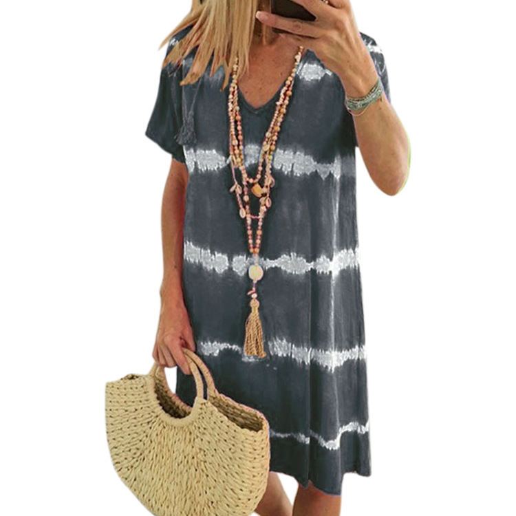 Walmart Cross-border Summer V-neck Striped Printed Tie-dye Short-sleeve Dress For Women In European_ecoleips.com