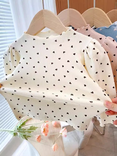 Spring and Autumn Girls' Basic Top for Babies, Baby Stylish Children's Personality Trend Brand Korean Version with Moss Edge and Heart Bubble Sleeve