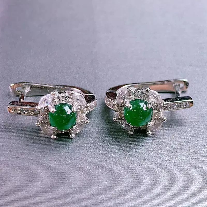 S925纯银镶嵌天然A货翡翠危料耳环阳绿冰种耳坠耳饰直播货源批发