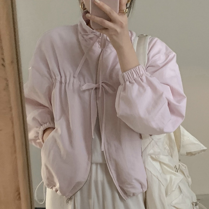 Korean Chic Autum Age-Reducing Elegant Stand-Up Collar Drawstring Lace-Up Bow Loose Versatile Long-Sleeved Windbreaker Jacket for Women