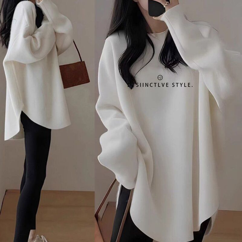 徳絨毛とベルベットの長袖tシャツの女性の中の長さはお尻の上着を隠して厚いタイプの底のシャツの秋冬2025をプラスします。|undefined