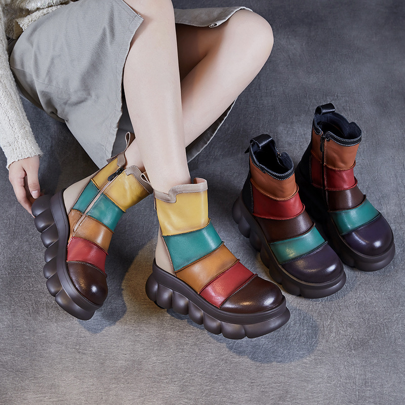 Autumn and Winter Thick-soled Rainbow Martins Boots Women's Vintage Colorblock Round Toe High-top Ankle Boots High-top Cowhide New Guofeng Single Boots Autumn and Winter Thick-soled Rainbow Martins Boots Women's Vintage Colorblock Round Toe High-top Ankle Boots High-top Cowhide New Guofeng Single Boots