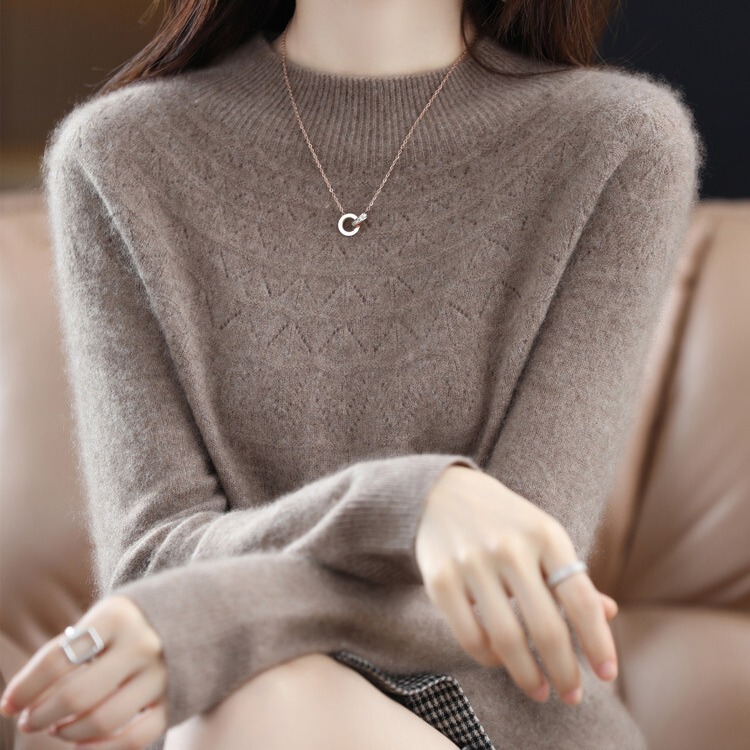 Autumn and Winter Pure Wool Knitwear Women's First-Line Ready-To-Wear Half Turtleneck Cut Out Knitwear Long-Sleeved Knitwear Loose Cashmere Bottoming Knitwear