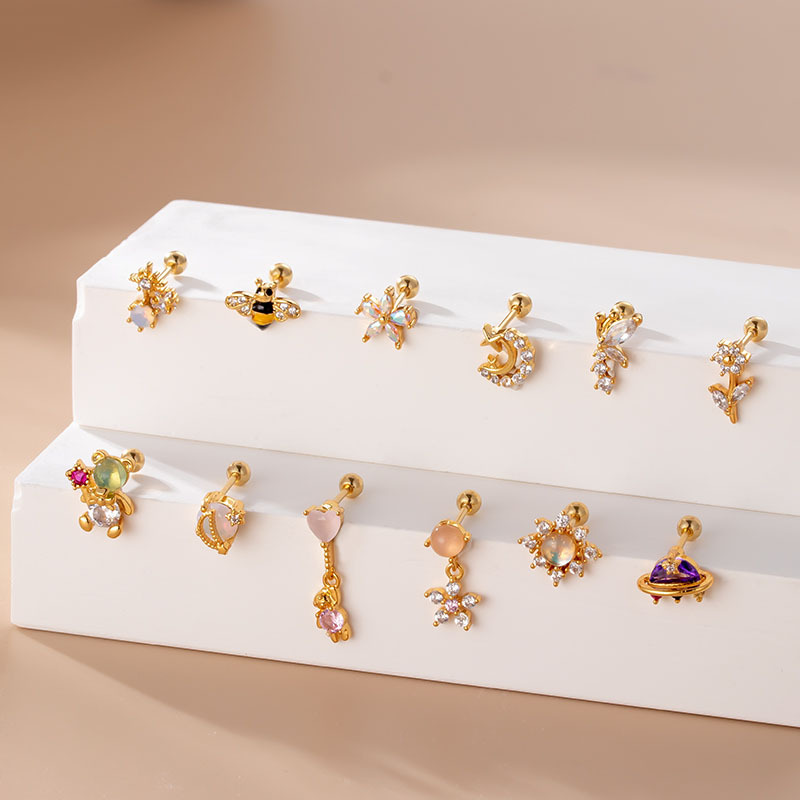 Holiday Occasion Copper Material Copper Rhinestones Ear Cartilage Rings & Studs Heart Shape Flower Waterproof Non Tarnish Surgical Steel Women'S