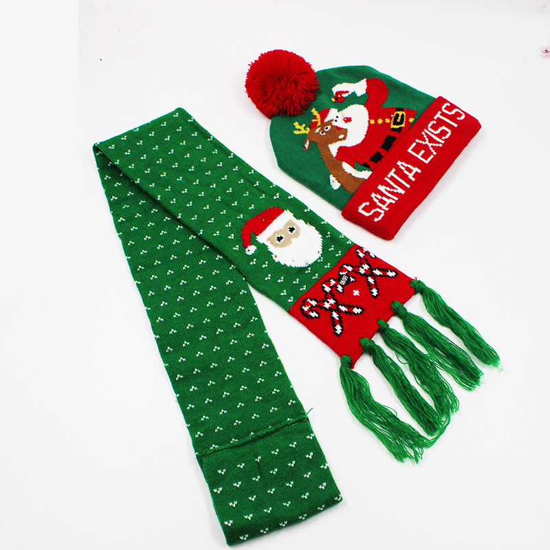 Fabricante transfronterizo de gorros navideños europeos y americanos tejidos en jacquard, gorros navideños de lana con luces LED, gorros navideños con pompón y bufandas. image 60