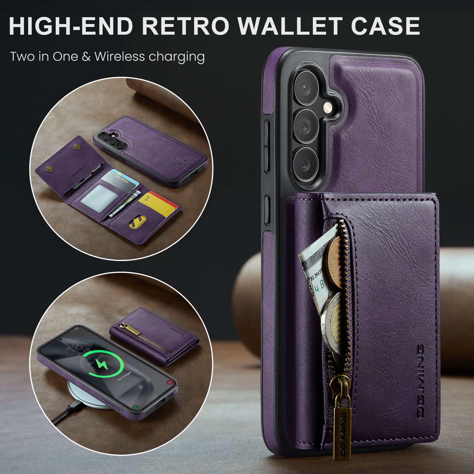 M5 für Samsung S24 magnetische kabellose Ladetelefonhülle S24 Plus Zwei-in-Eins-Anti-Diebstahl-Bürsten-Brieftaschen-Schutzhülle_voghion.com