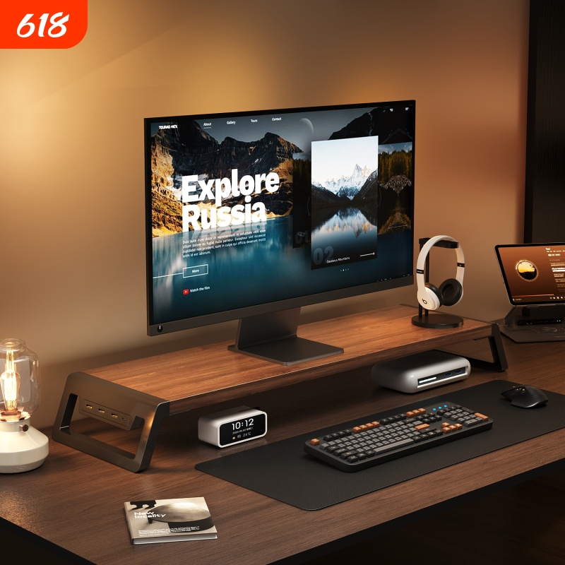 Desktop computer monitor riser stand with USB expansion and charging, laptop screen support stand, gaming desktop height increase