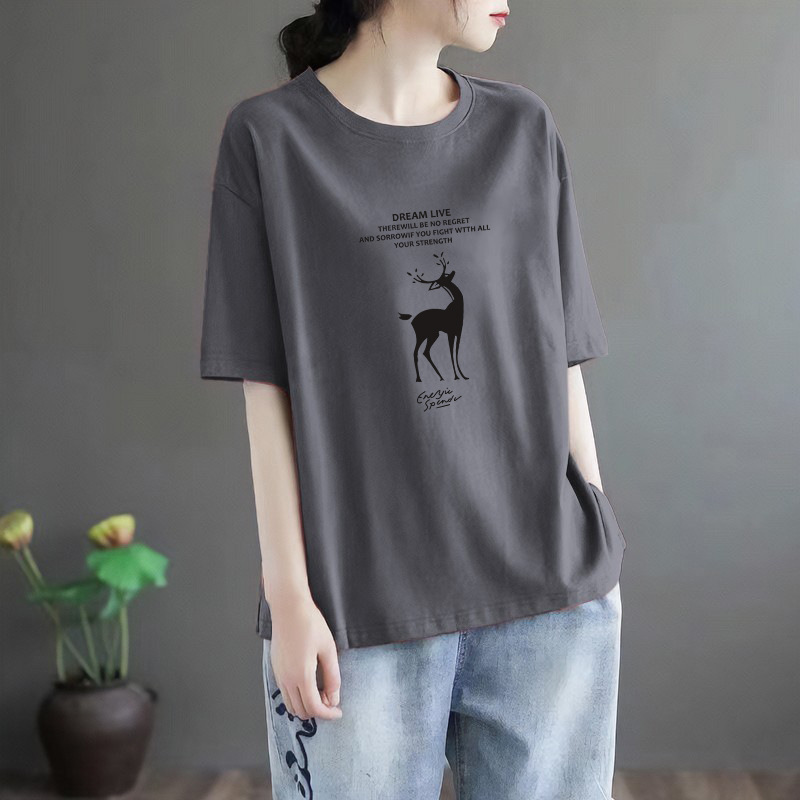 淘宝服ファッショングレー新しいラウンドネックルーズ半袖Tシャツ女性の新しいデザインの文学トップ|undefined
