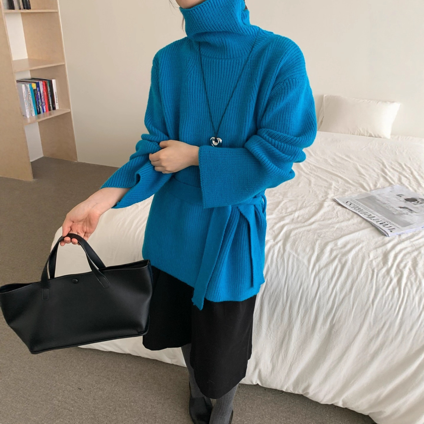 气质休闲中长款高领收腰毛衣女25冬季新款加厚宽松套头针织衫上衣