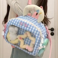日本の新しい高見えバックパック二次元かわいいチェック柄透明層痛バッグ学生通勤バッグ