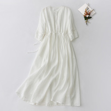 实拍温柔风气质度假白色连衣裙苎麻圆领设计感飘逸纯色大摆裙子女