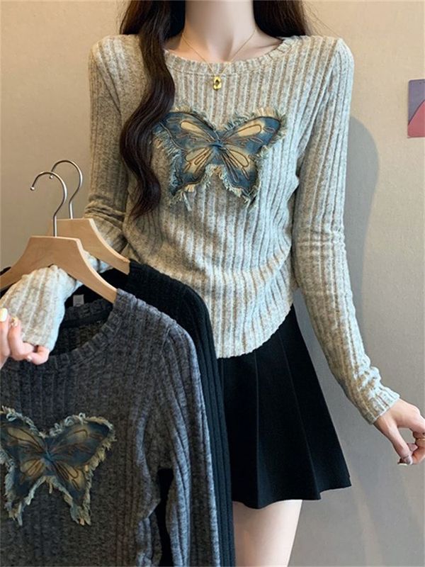 ホットガールスリムバタフライパッチショルダー長袖Tシャツレディース秋冬デザインスリムインナーレイヤリングシャツトップトレンディ|undefined