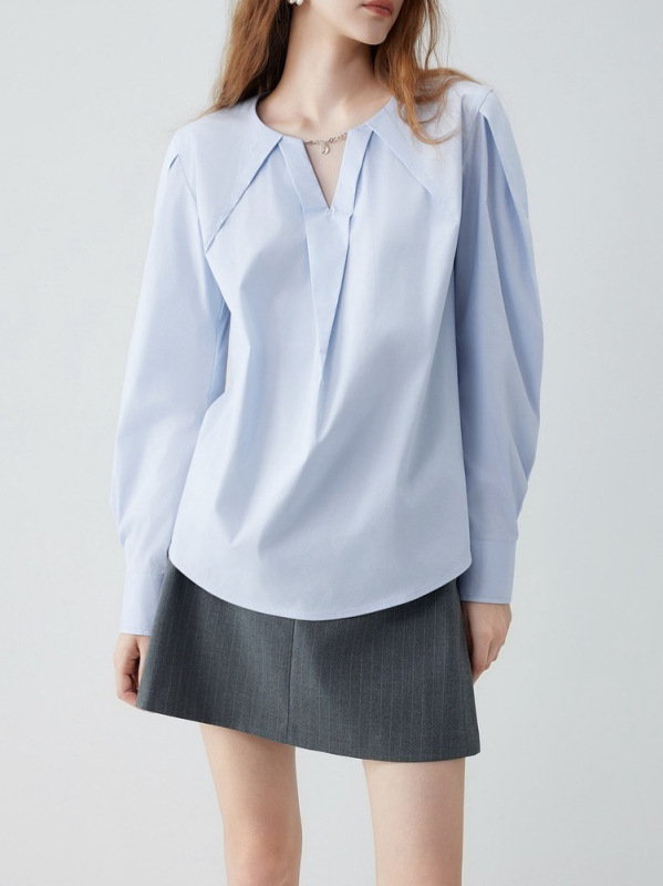 【高智淡人】ELLE蓝色v领短衬衫女2025秋新款极简通勤风休闲衬衣|undefined
