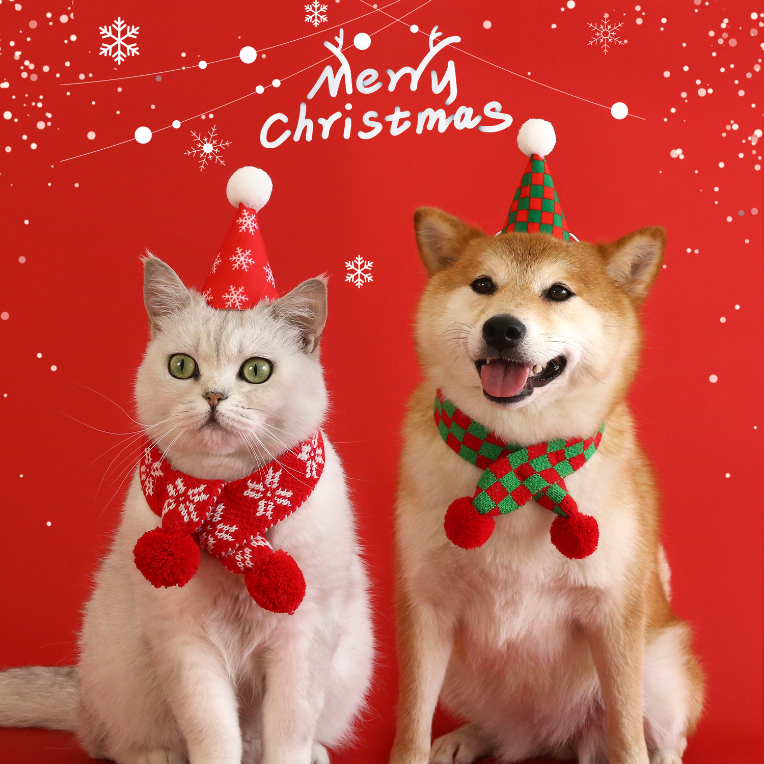 2024 mascotas set de Navidad gatos perros de madera cuadrilátero copo de nieve lana bufandas cuello gorra de pelo tridimensional toque