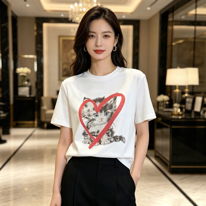 2026 Summer Cartoon Cat Print Round Neck Short Sleeve T-Shirt Korean Style Loose Versatile Fashion Casual Top 1401 2026 Summer Cartoon Cat Print Round Neck Short Sleeve T-Shirt Korean Style Loose Versatile Fashion Casual Top 1401