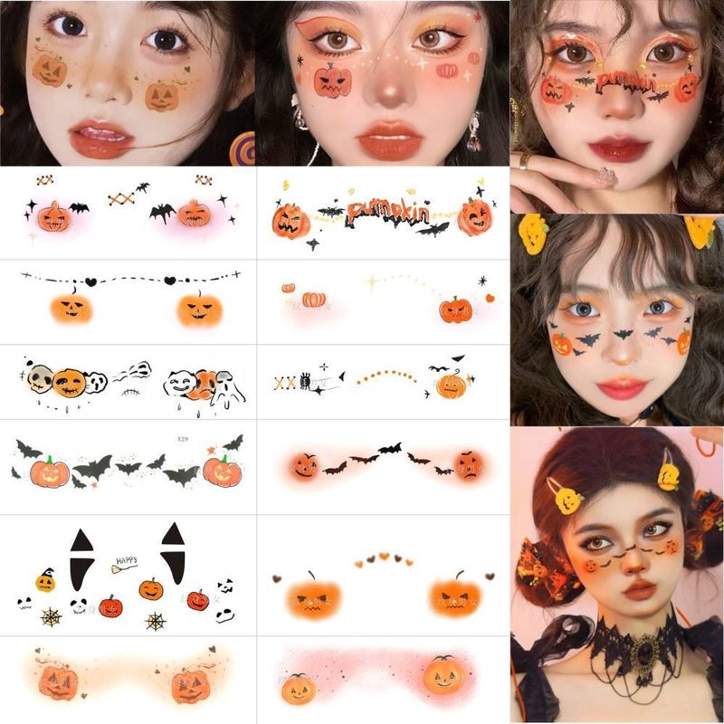 ハロウィーンのキラキラカボチャのタトゥーは小さな悪魔の目尻のメイク顔のシールの小さな魔女の顔のタトゥーを貼っています|undefined