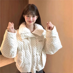 拼接设计感小众波点棉服上衣女冬季甜美可爱羊羔毛翻领外套棉衣韩