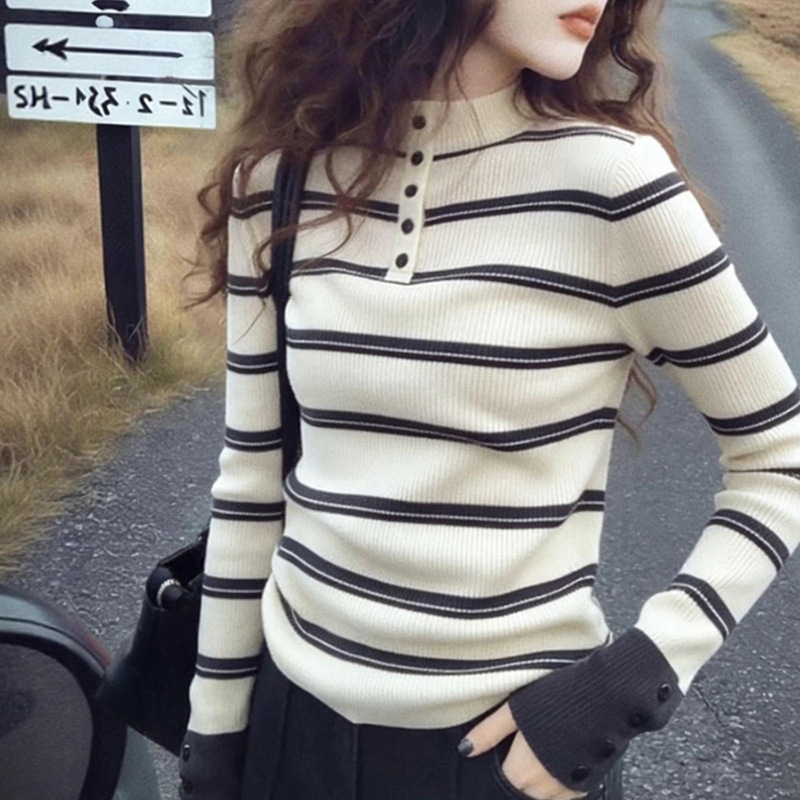 撞色条纹纽扣秋冬季女纯羊毛衫半高领休闲长袖针织衫内搭打底上衣