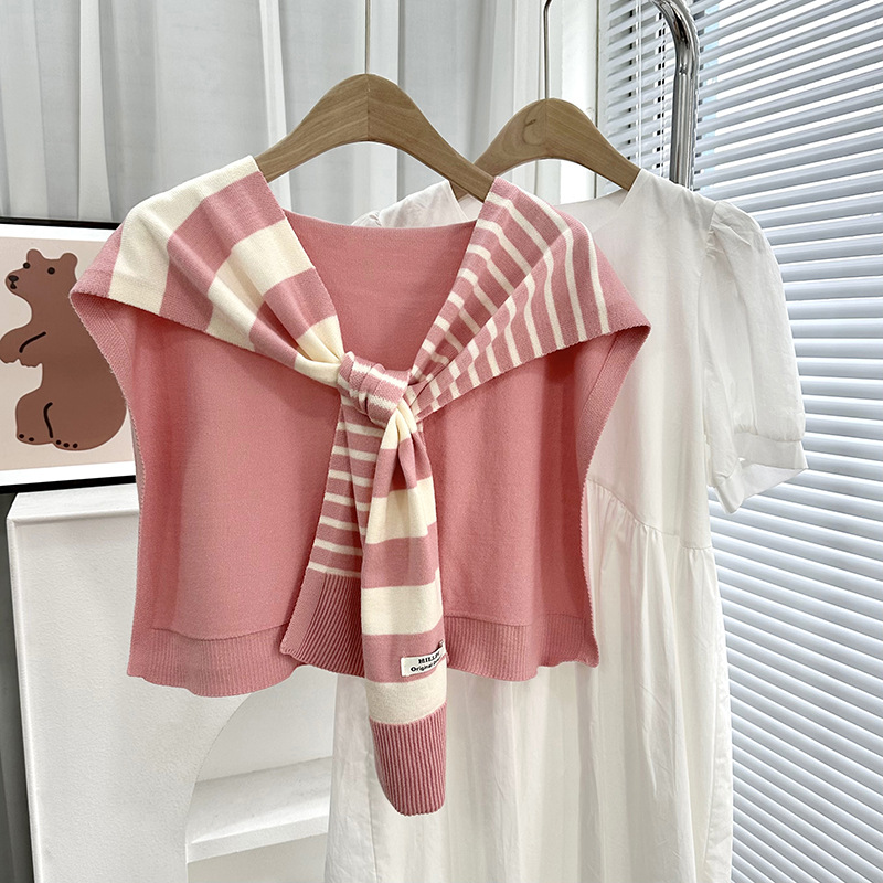 Primavera y otoño tejido a rayas cruzadas pequeñas sopales de cuello decoración delgada hombro de collar falso cardigan nudo