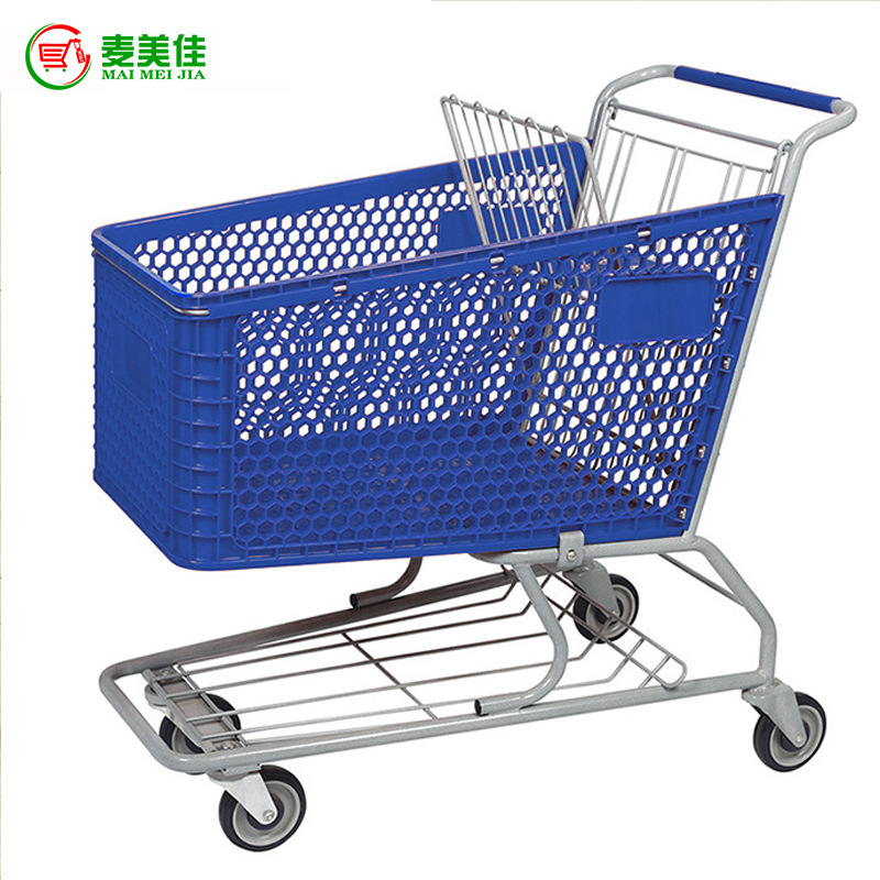 供应180L超市塑料购物车 新款塑料购物手推车 美式连体塑料手推车