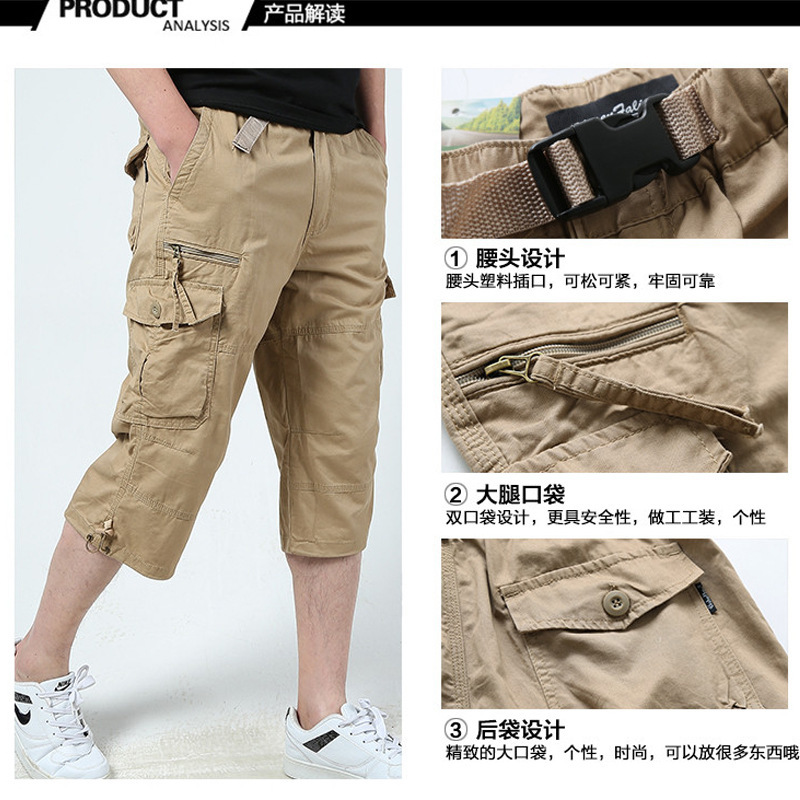 Verano ocio al aire libre ropa de trabajo para jóvenes pantalones recortados pantalones sueltos de varios bolsillos para hombres pantalones cortos deportivos de algodón estilo delgado