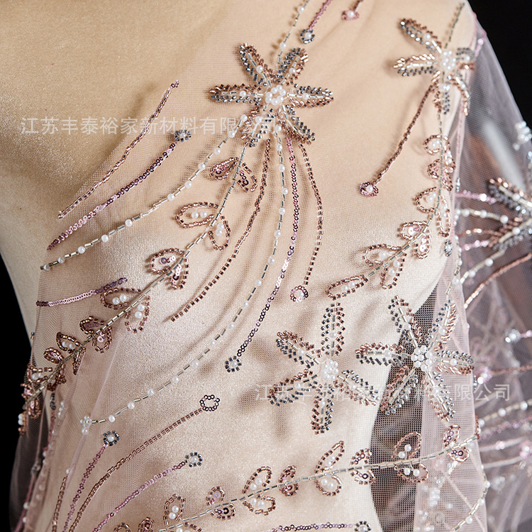Champaña ligera de lujo tela de hilo de malla flor de sequilla cuentas de clavos cuentas de diamante tridimensional tela de encaje tela de boda image 3