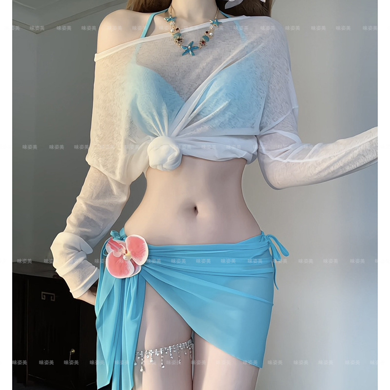 2025 New Women's Sexy Split Swimsuit Long-Sleeved Blouse Slimming Bikini Pure Lust Swimsuit Women's Cross-Border