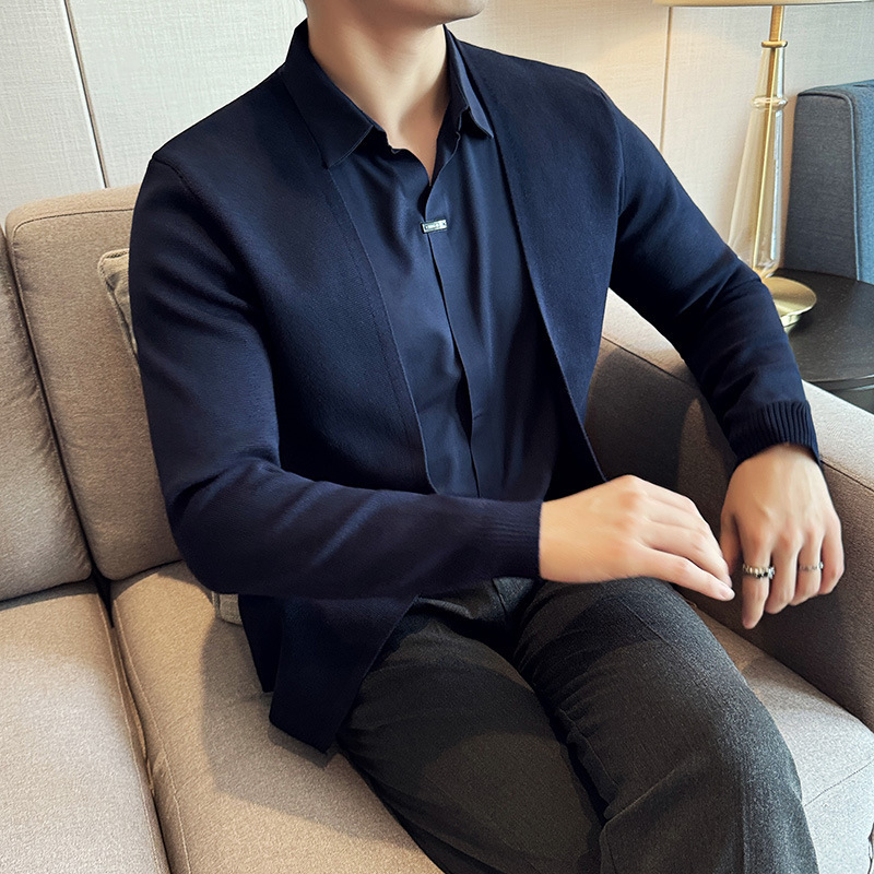 Foreign trade wholesale men's fake two-piece shirt sweater slim knit cardigan personality V-neck shirt collar coat top