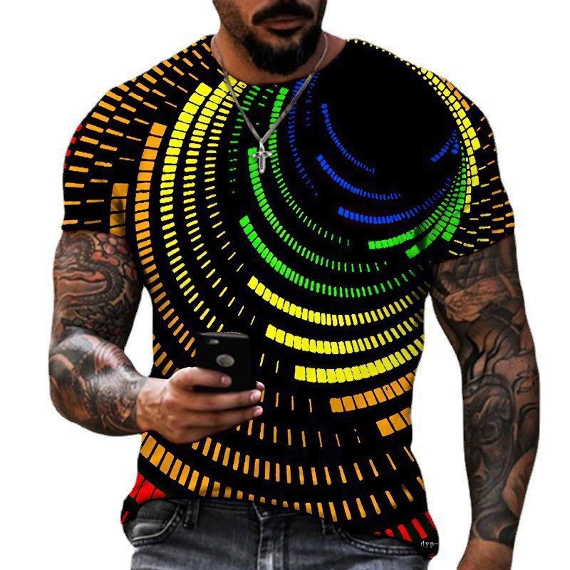 Comercio exterior transfronterizo hombres europeos y americanos holgados y transpirables camiseta de manga corta personalidad colorida visual vórtice impresión 3D