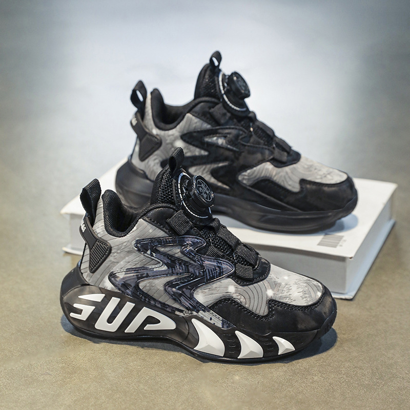 6-12 Zapatos deportivos para niños primavera anti-desgaste nuevo botón para niños antideslizante zapatos de baloncesto de cuero transpirable hombre ligero